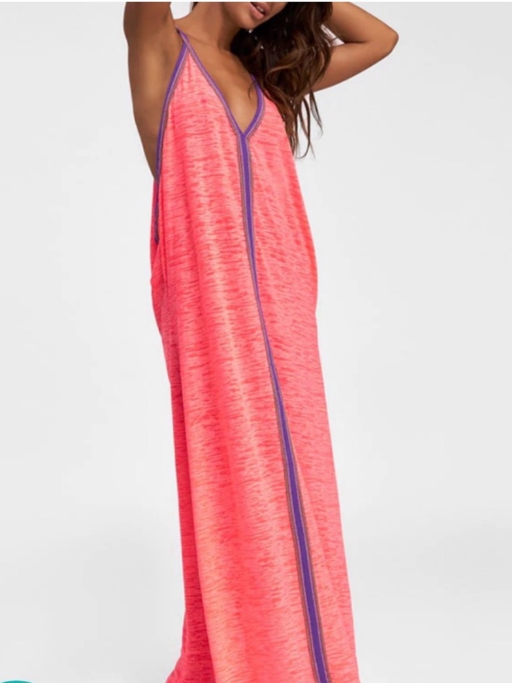 Pitusa Coral Pink Maxi Cover-Up with Purple Trim